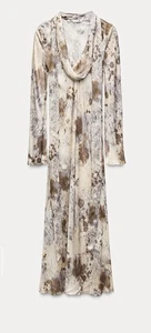NWT Zara Womens XL Maxi Dress Long Sleeve Animal Tie Dye Neutral Runway Model - Picture 1 of 14