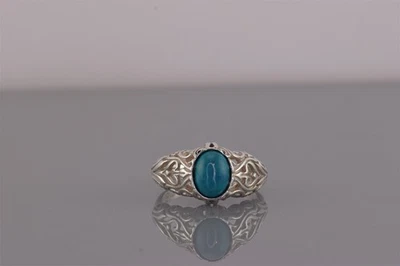 Sterling Silver Oval Blue Turquoise Scrolled Hearts Band Ring 925 Sz: 6 - Image 1 of 4