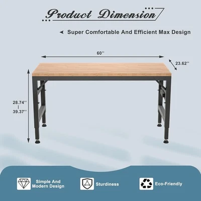 Banco de trabajo ajustable en altura 60 pulgadas con toma de corriente, banco de trabajo de madera de goma Foto 1 de 4