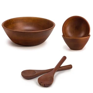 Wooden Round Large Salad Serving Bowl, Salad Servers Set & Serving Bowls Set - Picture 1 of 21