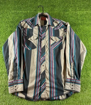 Vtg Cowboy Western Rustler Shirt X Long Tails 16-34/35 Colorful Pearl Snap - Image 1 of 4