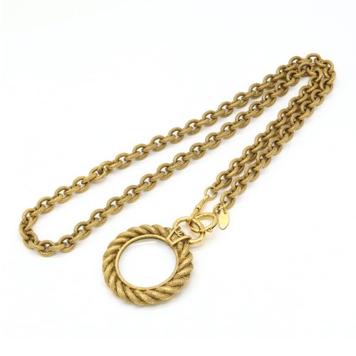 AUTENTICA COLLANA CHANEL VINTAGE LENTE DI INGRANDIMENTO CIONDOLO MARCHIO COCCO PLACCATO ORO DONNA