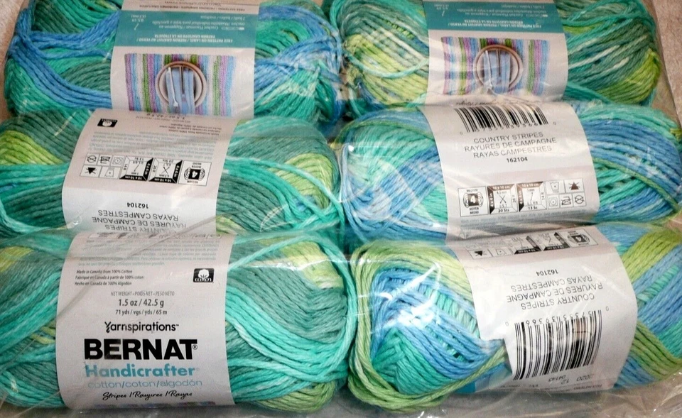 Bernat Cotton Handicrafter Yarn Lot of 6 Skeins #4 Medium COUNTRY STRIPES - Image 1 of 1