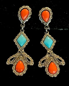 Vintage Avon American Spirit Faux Coral & Faux Turquoise Silver Tone Earrings  - Picture 1 of 2