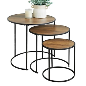 Set Of 3 Round Table Oak Wooden Top Nest of 3 Tables Coffee Table Side Table - Picture 1 of 4