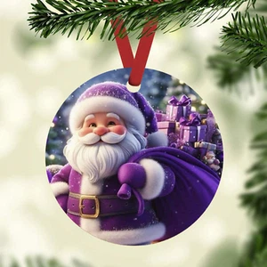 PURPLE SANTA CLAUSE CUSTOM METAL ORNAMENT GIFT TAG 3.5" ROUND HANGING - Picture 1 of 1