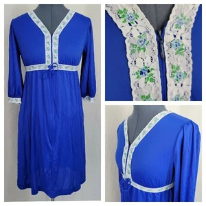 Vintage Lothringen blaues Kleid mit weißem Spitzenbesatz und Reißverschluss vorne Oberteil Größe Small - Bild 1 von 14