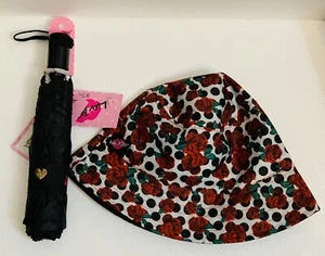 Luv Betsey By Betsey Johnson Black Auto Open Umbrella 42” Lips & Rain Bucket Hat - Picture 1 of 5