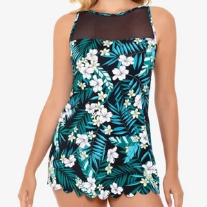 Swim Solutions Womens Sz 18 Mesh Yoke Tummy Control Swimdress Green Blue Floral - Picture 1 of 12