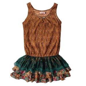 He Juan Womens Medium Brown Teal Sequin Silk Knit Tank Ruffle Layered Mini Dress - Picture 1 of 21