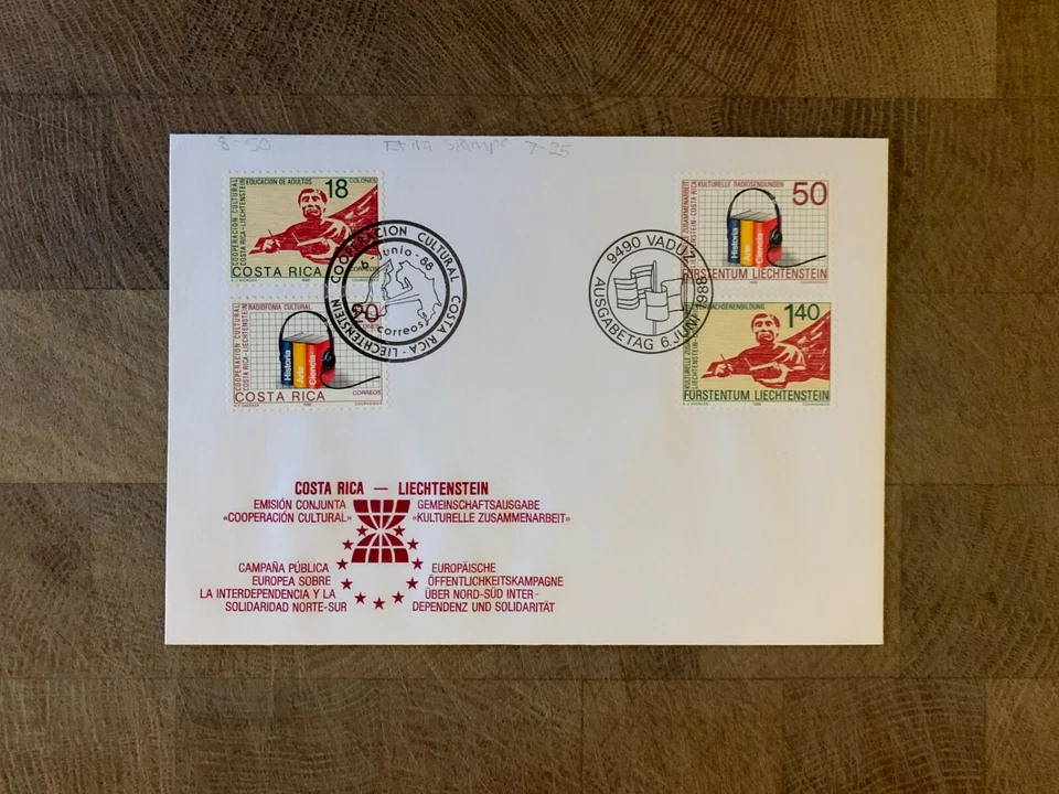 LIECHTENSTEIN 1988 FDC COSTA RICA COOPERATION PUBLIC RADIO ADULT JOINT ISSUE - Image 1 of 1