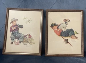 Norman Rockwell Art Framed Prints Set Of 2 Puppy Love Lithograph Dog Boy Fishing - Picture 1 of 11
