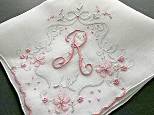 A+ Vintage White Linen Hankie Madeira Hand Embroidered Pink Monogram R Wedding - Picture 1 of 6