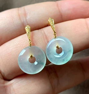 Certified Grade A Bruma Jadeite Jade Icy Flora Donut Earring 18K Gold Inlaid - Picture 1 of 8