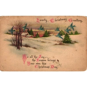 Antique 1921 Christmas Postcard Flying Bluebirds Winter Cabin Scene - Picture 1 of 2