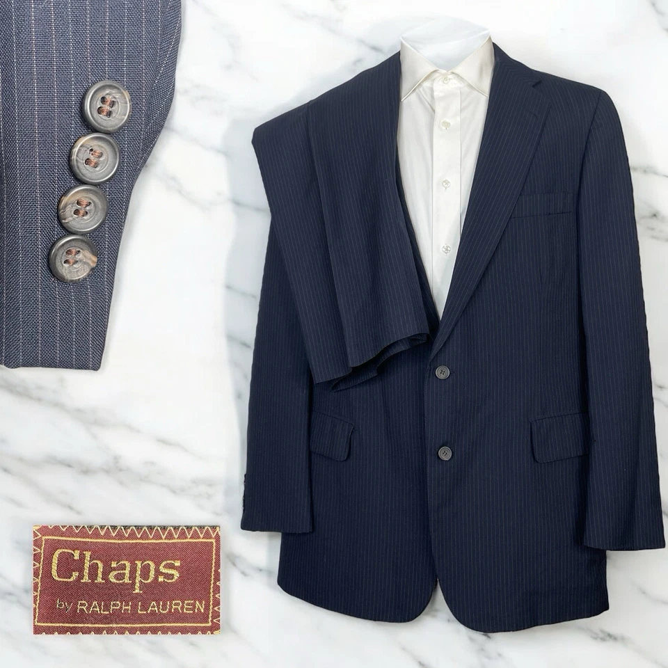 Chaps Ralph Lauren USA Made 2 Piece Suit Mens 44L 36x31 Navy Blue Striped Wool - Image 1 of 4
