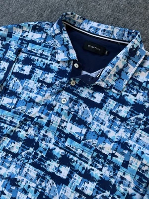 BUGATCHI  Polo Shirt Men 2XL Alfa Blue All Over Print 100% Mercerized Cotton - Image 1 of 4