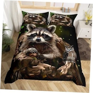 Raccoon Duvet Cover Cute Animal Theme Bedding Set Owl Pattern Comforter Cover - Picture 1 of 6