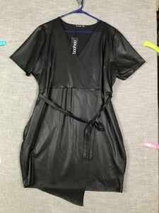 Boohoo Dress Womens 18 Black Plus Leather Look Wrap Short Sleeve Belted V Neck - Picture 1 of 14