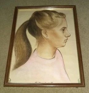 1980's Vintage Disneyland Park Souvenir Pastel Profile Portrait Sketch of Girl - Picture 1 of 3