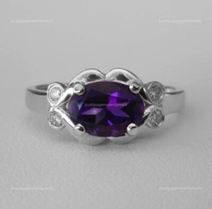 925 Sterling Silver 6x8 mm Oval Shape Natural Amethyst Ring Cubic Zirconia - Picture 1 of 5