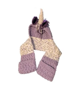 Unicorn Hooded Scarf Mittens Purple Crochet Kidcore Boho Winter Girl Child - Picture 1 of 7