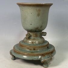 6.6" old antique song dynasty guan kiln ru porcelain green glaze three feet cup