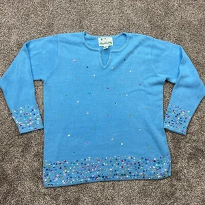 The Quacker Factory Sweater Women's Large Blue Sequin Embellished Ramie colorful - Picture 1 of 9