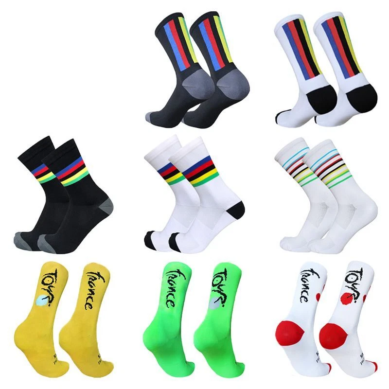 Cycling Compression Socks - Knee-High Nylon Breathable Stripes Sports Footwear - Image 1 of 4