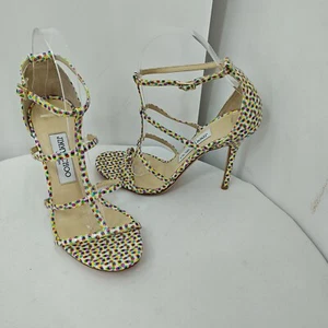 Jimmy Choo Dory Strappy Heels Women Polka Dot Latte Size 37 - Picture 1 of 9