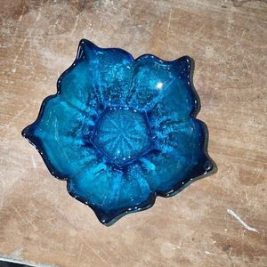 VIKING Glass Textured 6 inch Epic Blue Stockholm Lotus 5 Petal Bowl Vintage - Picture 1 of 5