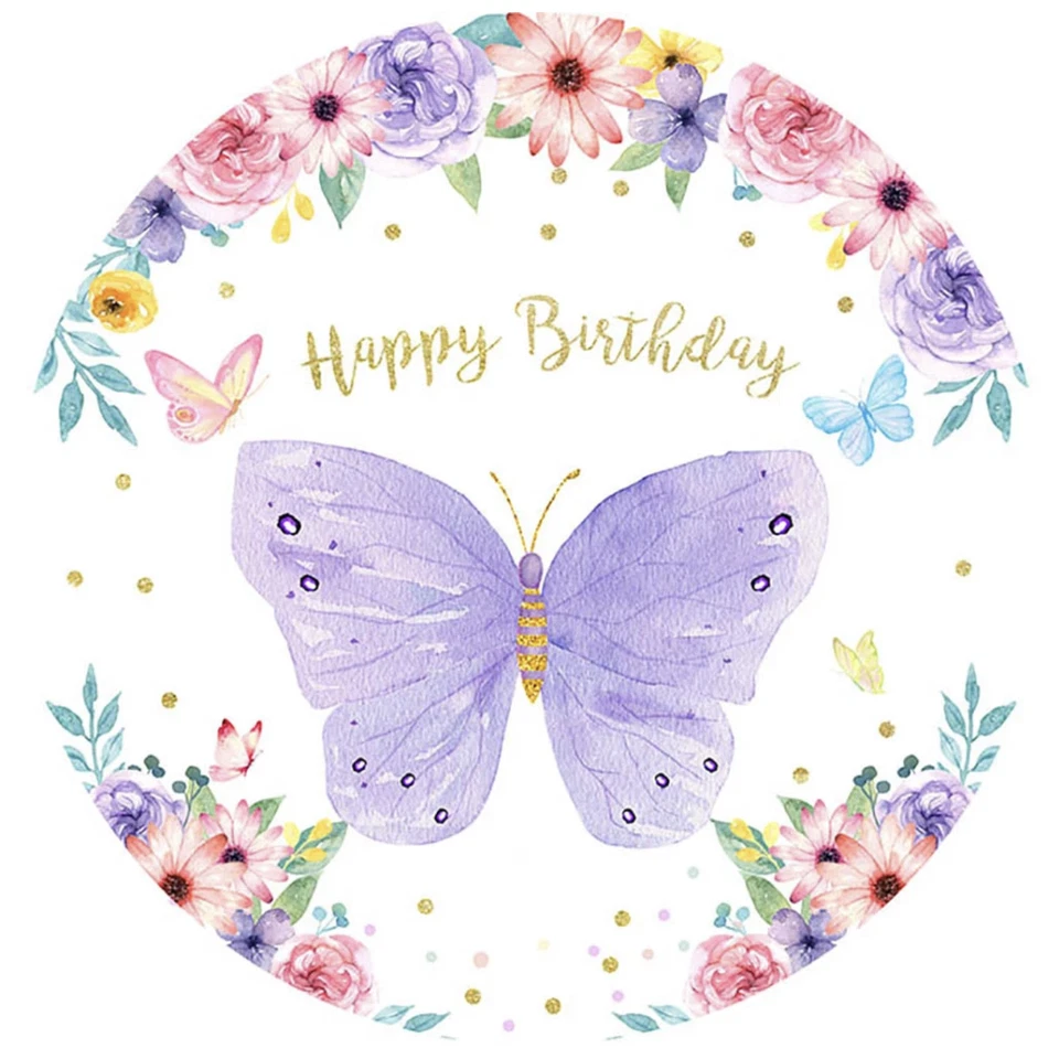 BUTTERFLY GLITTER FLOWERS PURPLE PINK BLUE PARTY ROUND BIRTHDAY BANNER BACKDROP - Image 1 of 1