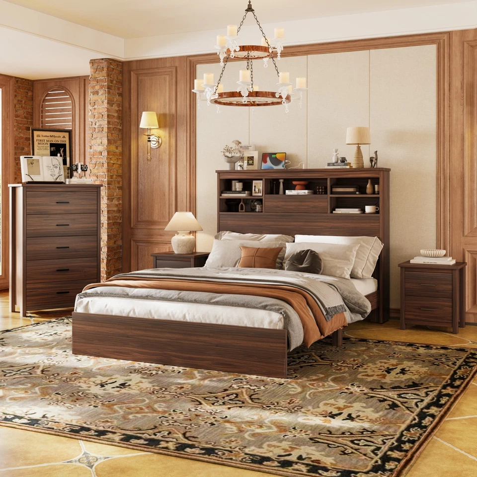 4-Pieces Bedroom Sets Queen Size Bed Frame with 2 Nightstands and 1 Dresser - Image 1 of 4