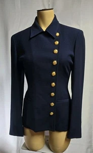 Ralph Lauren VTG Wool Double Breasted Button Long Blazer Jacket Crest Navy 4P - Picture 1 of 14