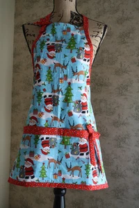 Holiday Christmas Utility Style APRON Santa with Reindeer Mulit Color Polka Dots - Picture 1 of 4