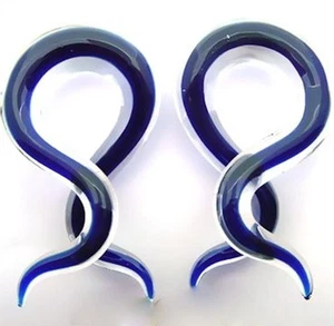 PAIR OF PYREX GLASS 2G (6MM) 2" INCH ENCASED BLUE DOUBLE TWISTS PLUGS SPIRALS - Picture 1 of 2