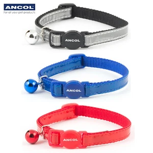 Cat Collar Reflective Ancol Gloss Shiny Safety Buckle Red Blue Silver With Bell - Picture 1 of 11