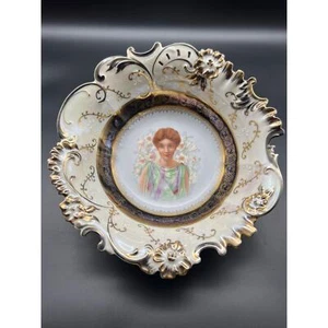 Antiguo cuenco de porcelana grande Austria festoneado neoclásico brillo dama retrato - Imagen 1 de 10