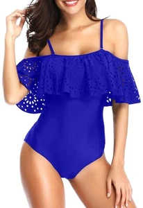 NWT Tempt Me Royal Blue Ruffle Off Shoulder Tummy Control 1PC Swimsuit Womens M - Picture 1 of 12