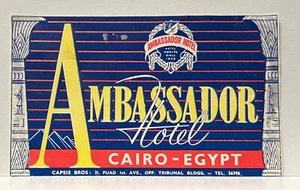 EGYPT LUGGAGE LABEL~Ambassador Hotel Cairo Egypt~Design w Columns & Pyramids - Picture 1 of 2