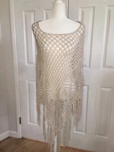 MOSSIMO Crochet Beach Swimsuit Cover Up Dress Sz S/M Beige Fringe Vacation Boho - Picture 1 of 8