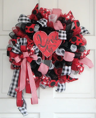 Valentine’s Day Mesh Wreath, 22” Love Is In The Air Heart Balloon, Red Black - Image 1 of 4