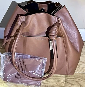 NEW TAHARI Cognac Drawstring Tote + Matching Detachable Zip Pouch NWT $99 MSRP ! - Picture 1 of 13