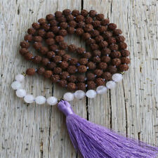 8MM Rudraksha White Crystal Gemstone Mala Necklace 108 Beads Nepal yoga