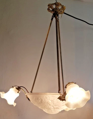 French Art Deco Frosted 3 Branch Frosted Glass & Brass Ceiling Light Chandelier Cover