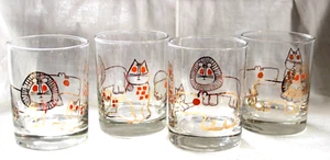 VINTAGE Set 4 Couroc Monterey Lowball Rocks Glasses MCM Vintage Lion Hippo Cats - Picture 1 of 10