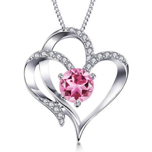 Women's Silver Plated Double Heart Rainbow Zircon Love Pendant Necklace Jewelry