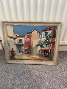 Vintage Original French Cubist Style Village Life Painting Wood Framed - Picture 1 of 5