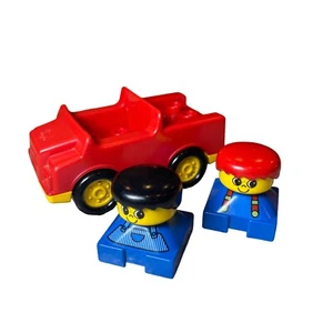 Vintage Lego Group Duplo Red Yellow Car & 2 Figures Blue Suspenders Apron - Picture 1 of 12