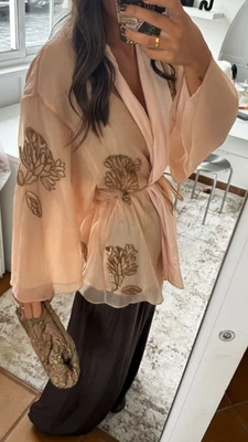 Zara  Short Silk Kimono With Floral Embroidery Beads Pink Size XS-S 2855/004 New - Image 1 of 4